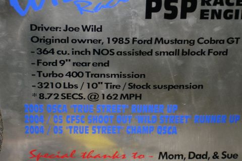 1981 Ford Mustang - Specifications document for a 1985 Ford Mustang Cobra GT, detailing its performance and racing history.