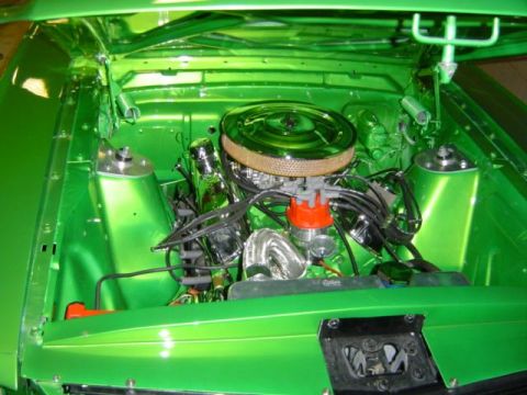 1979 Ford Bronco - Engine bay details, painted bright green with chrome accents.