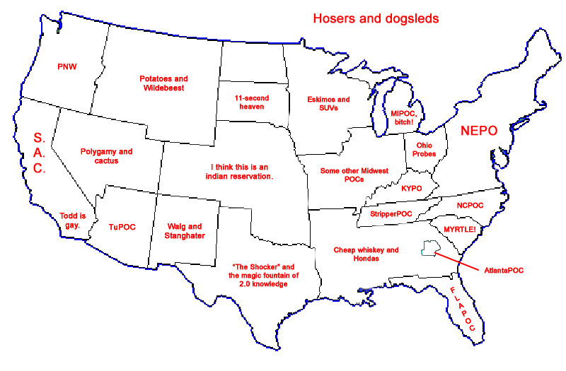 Joke US map with humorous region labels