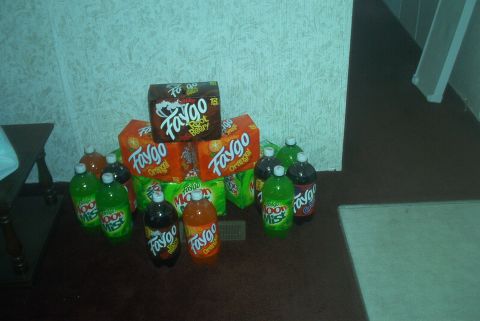 1985 Ford Crown Victoria LTD - A collection of Faygo and Moon Mist beverages are arranged on the floor.