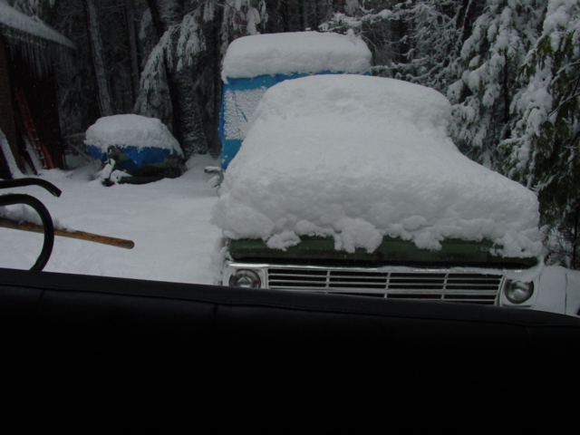 Snow-covered vehicle front with chrome grille in a snowy forest setting