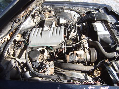 1982 Ford LTD Crown Victoria - Overhead view into a dusty engine bay showing a Ford EFI V8 with cast-aluminum intake manifold, mass air meter and black corrugated intake…