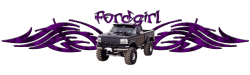 lifted black Ford pickup truck with purple tribal graphics and 'Fordgirl' text