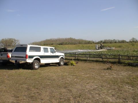 1993 Ford C-350 (Centurion Conversions) - A white Ford SUV conversion with a green stripe is parked near a waterway where an airboat is operating.