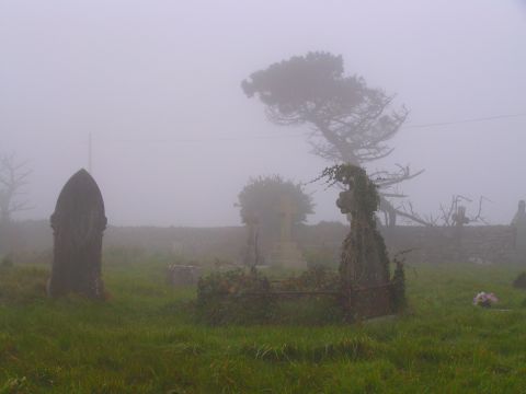 1991 Ford LTD Crown Victoria - A fog-shrouded rural graveyard with weathered headstones and ivy-covered Celtic crosses rising from tall green grass, a dry stone wall and…