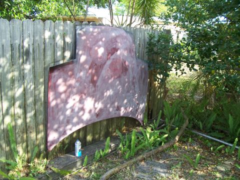 1994 Ford Probe - Car hood propped against a fence in a backyard setting.