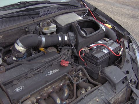 2002 Ford Focus - Engine bay of a 2002 Ford Focus, showing the Zetec engine and aftermarket modifications.