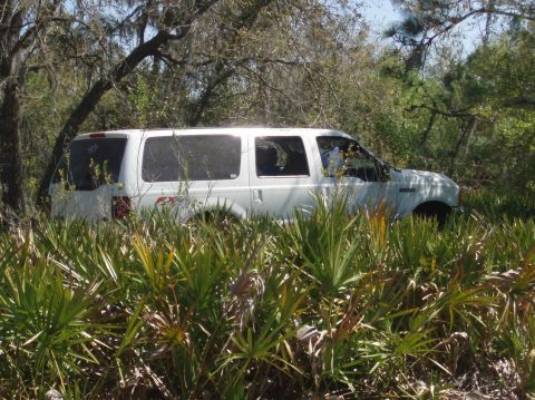 2000 Ford Excursion - A white Ford Excursion is partially obscured by dense foliage and trees.