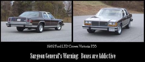 1982 Ford Crown Victoria LTD - Brown Ford LTD Crown Victoria sedan from the rear, with a second image showing the front 3/4 view.