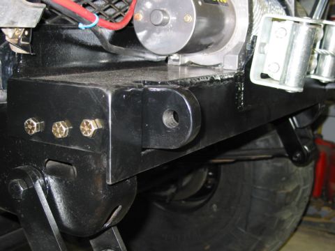 1981 Ford Bronco - Close-up of a winch mount with tow hooks and roller fairlead hardware attached.