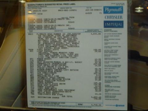 1979 Ford Bronco - Window sticker detailing options and pricing for a Plymouth Road Runner.