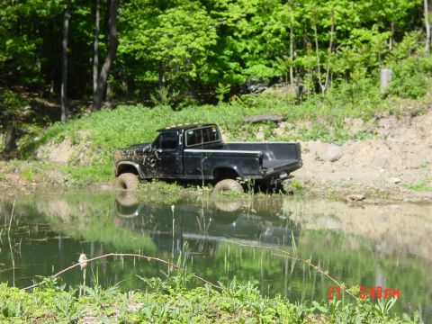 1984 Ford F-250 - A black pickup truck is partially submerged in water, stuck in a muddy area surrounded by trees. The vehicle appears to be from the early 1…