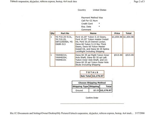 1991 Ford Bronco - This document details a parts order including gears, a locker, and axle shafts for a vehicle.