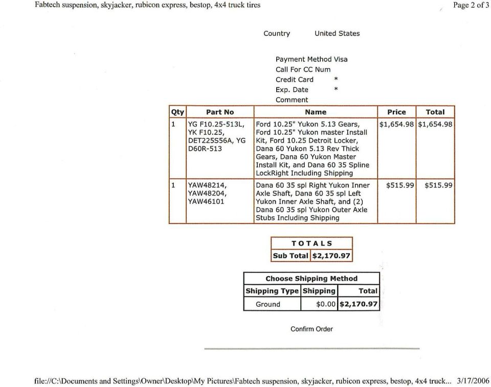 Order details for Ford 10.25 Yukon 5.13 gears, Detroit Locker, and Yukon axle shafts