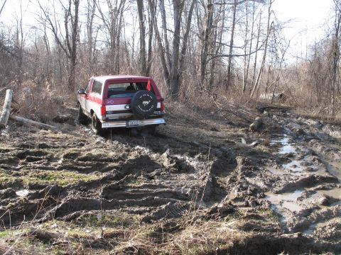 1995 Ford Bronco - A red and white Ford Bronco is stuck in a muddy, wooded area.