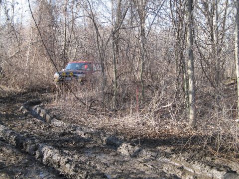 1995 Ford Bronco - Off-road vehicle stuck deep in mud and brush, showing tire tracks.
