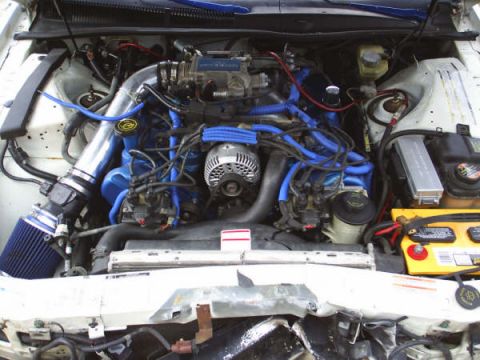1996 Ford Thunderbird - The engine bay of a 1996 Ford Thunderbird, blue hoses and an aftermarket air intake system.