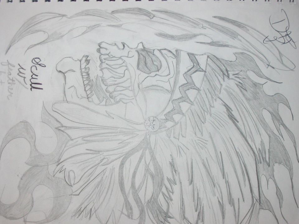 Pencil drawing of a skull with feathered wings and flames. Text reads 'Skull w/ feather'
