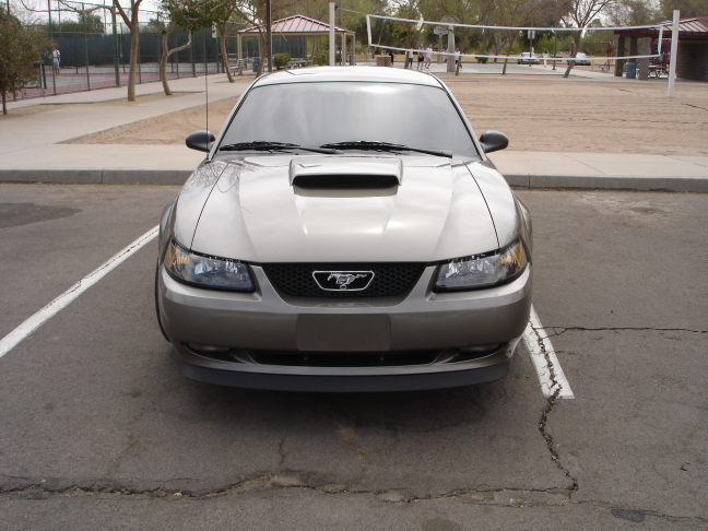 Front view of a gray Ford Mustang with hood scoop parked in a lot near sand volleyball courts