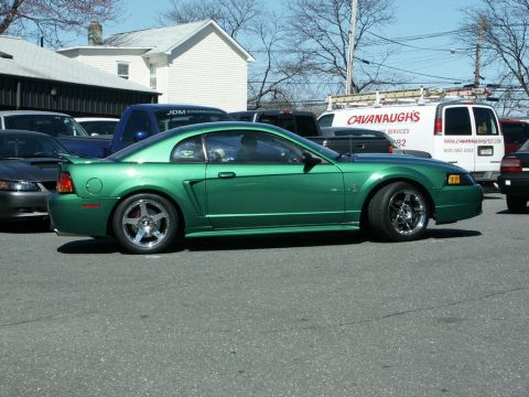 2001 Mercury Grand Marquis - A green coupe is parked in a lot with other vehicles and buildings in the background.