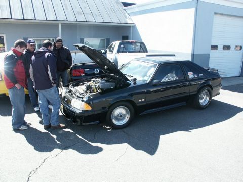 2001 Mercury Grand Marquis - A group of people gather around a black Ford Mustang with its hood up, revealing the engine bay.
