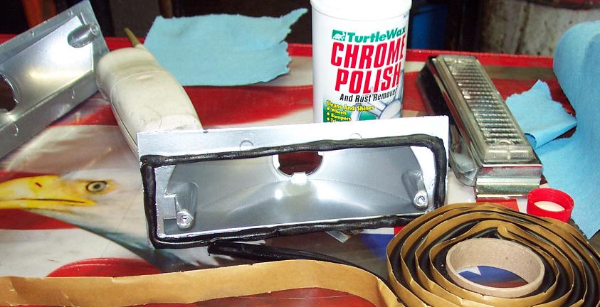 Car part with gasket, chrome polish, and tape