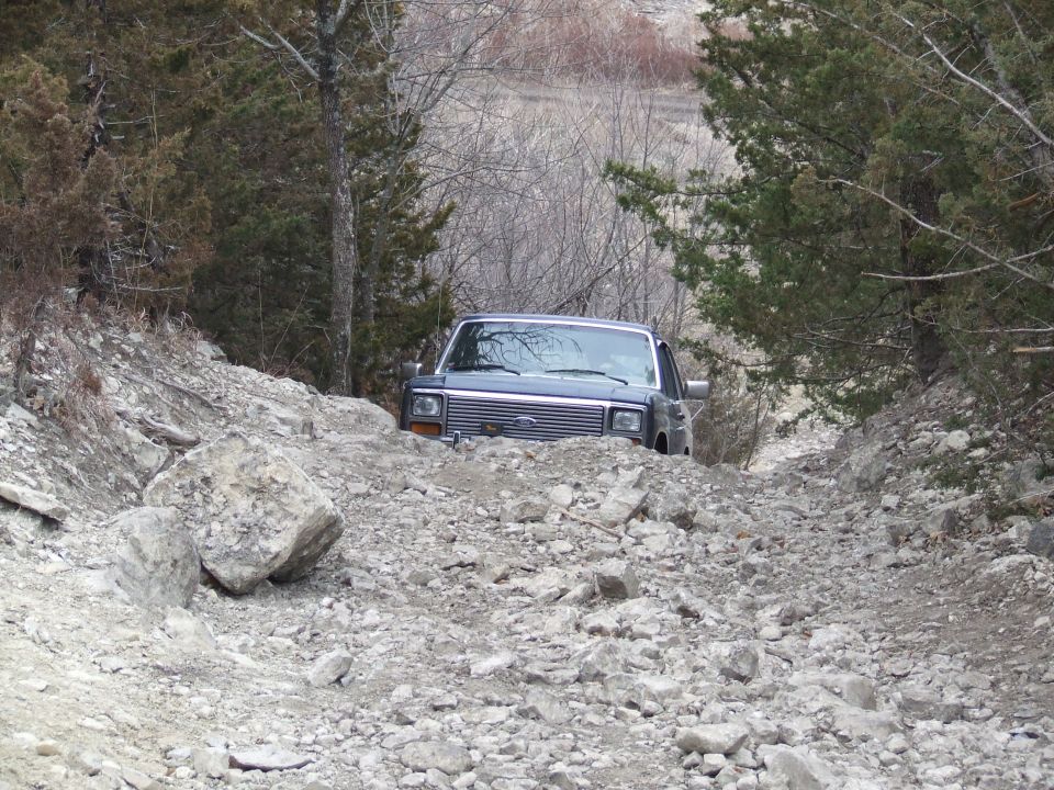 Dark blue Ford Bronco navigating a rough, rocky path between trees