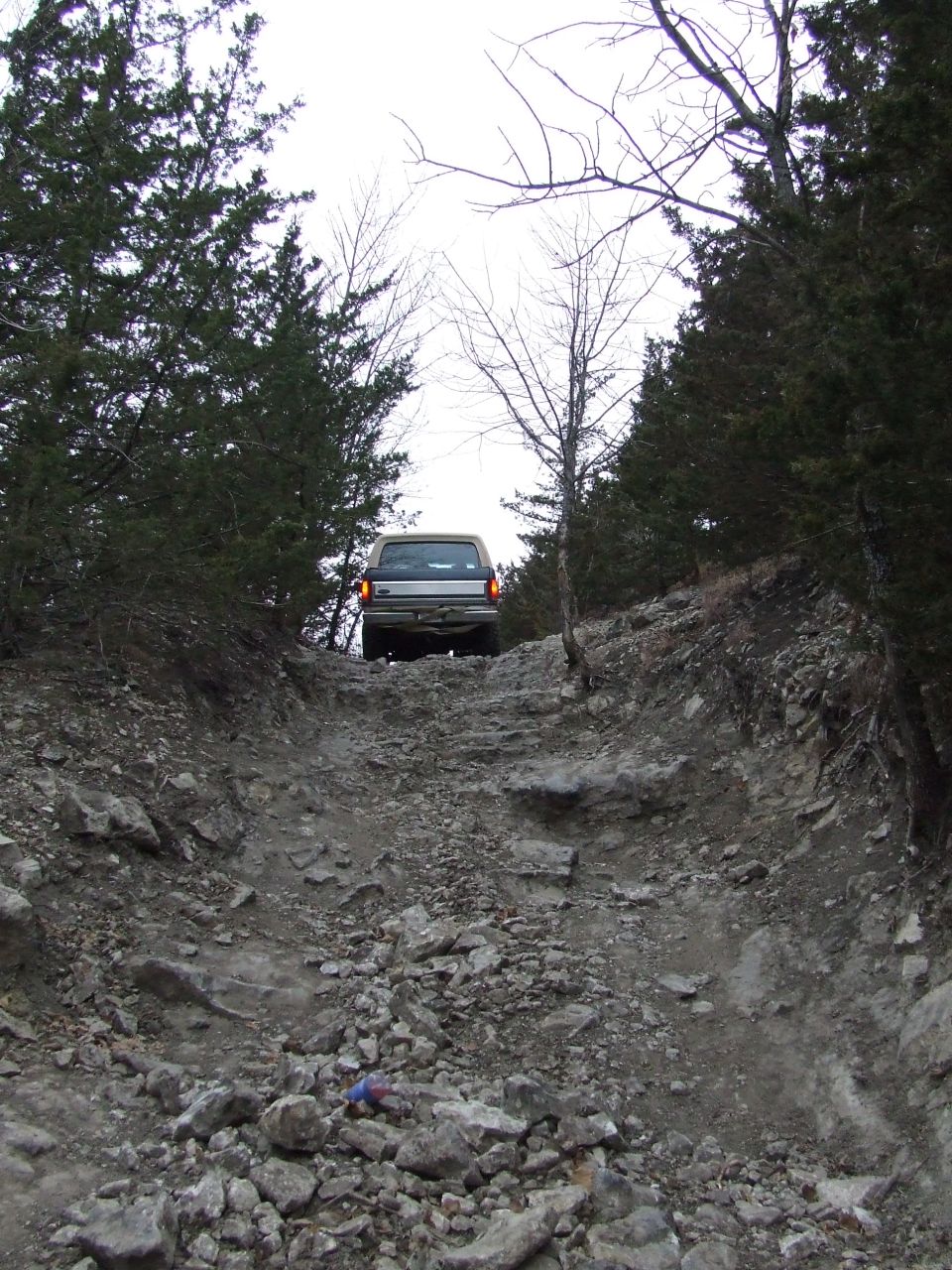 SUV driving up a steep, rocky, wooded trail