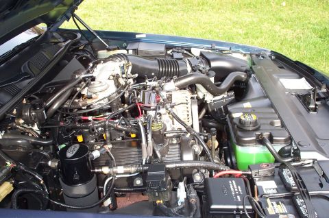 1998 Ford Crown Victoria - Engine bay of a 1998 Ford Crown Victoria, the engine and air filter housing with Ford branding.