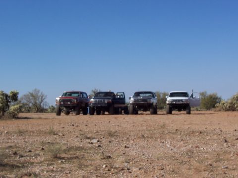 1981 Ford F-150 - Several trucks are lined up in a desert environment with sparse vegetation and a clear sky overhead.