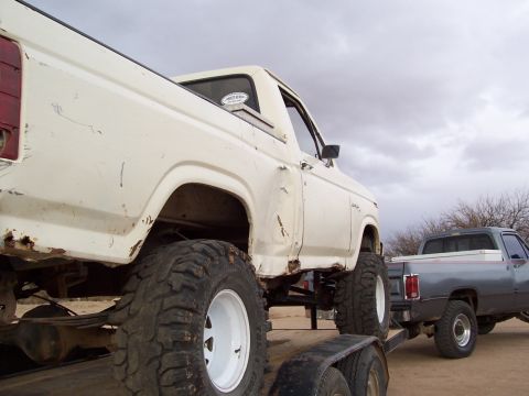 1981 Ford F-150 - White Ford pickup with large tires is loaded onto a trailer, with another pickup truck visible behind it.