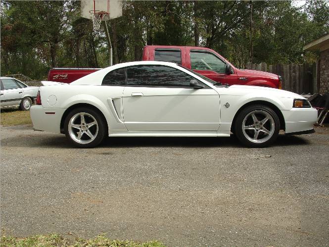 White Ford Mustang coupe, side view, showing five-spoke wheels and a GT badge on the fender