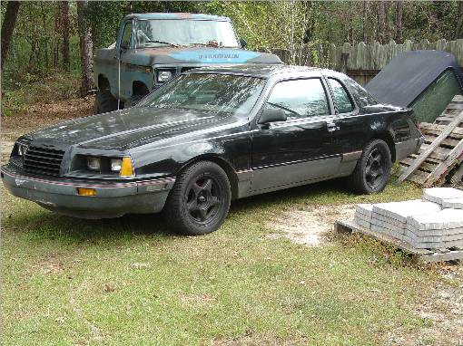 Black Ford Thunderbird coupe parked on grass with old pickup behind