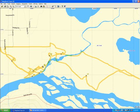 2003 Jeep TJ - Screenshot of a GPS map displaying geographical features and marked routes.