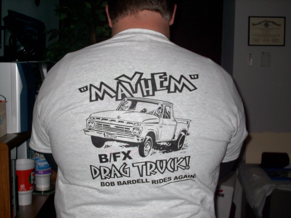T-shirt with drawing of a 1960s Ford pickup truck and "MAYHEM" text
