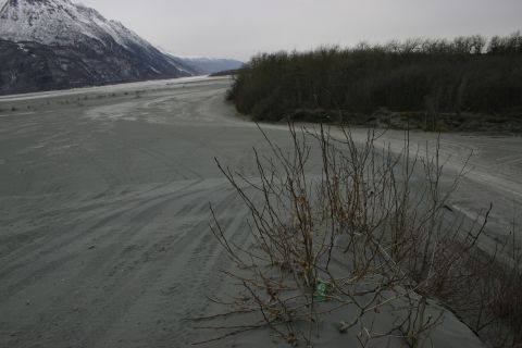 2003 Jeep TJ - Wide view of a glacial riverbed with mountains and sparse vegetation under an overcast sky.