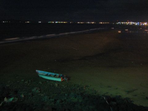 Small green panga boat beached on dark sand with distant lights at night