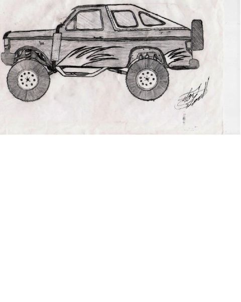 1988 Ford Bronco - This drawing depicts a modified SUV with large tires and a side-mounted spare tire.