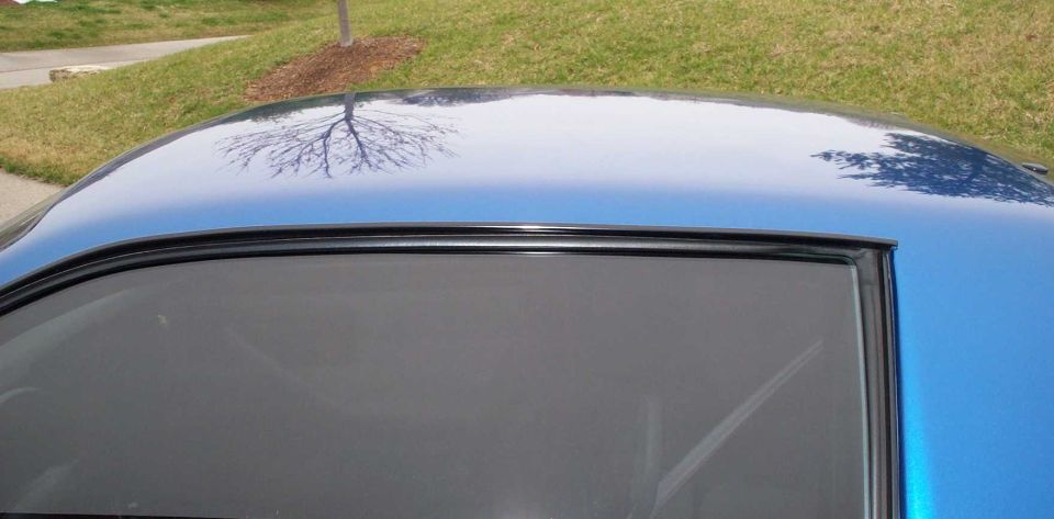 Metallic blue car roof and rear window with tree reflection in glossy paint
