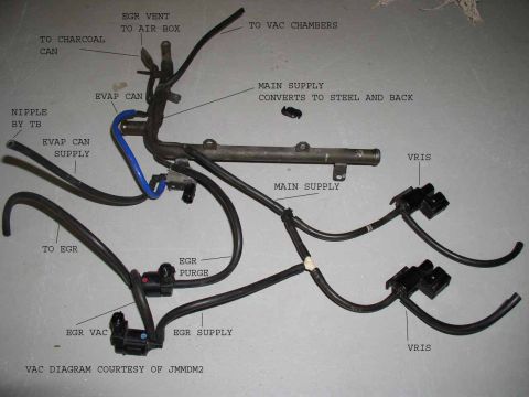 1996 Ford Probe - Annotated vacuum routing diagram of intake hoses identifying EGR, EVAP canister supply, VRIS and charcoal canister vacuum lines.