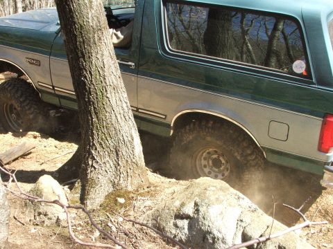 1996 Ford Bronco - Ford Bronco is shown off-roading on a rocky, wooded trail.