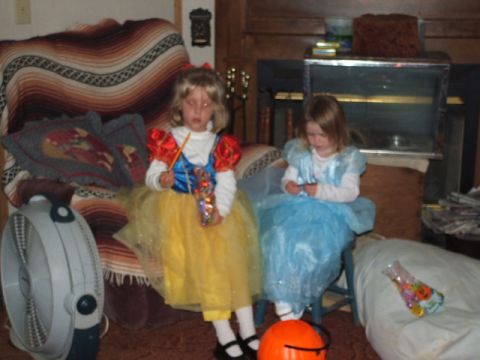 1966 Ford Ranchero - Two young girls dressed as princesses sit indoors, one holding candy and a wand, the other looking at something in her hands.