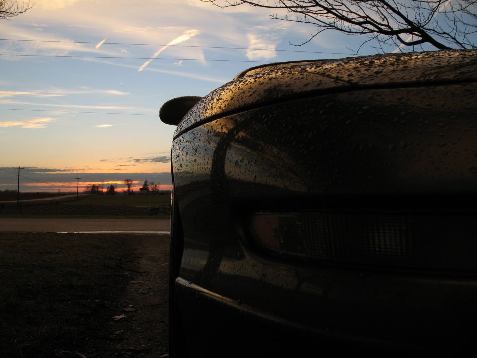 Car's rear quarter panel covered in water droplets at sunset