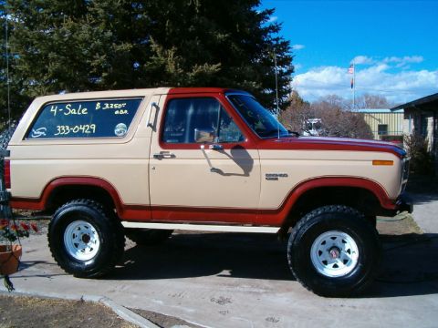 1985 Ford Bronco - This two-tone Ford Bronco is for sale, with contact information visible on the rear window.