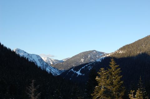 2001 Ford Taurus - A scenic view of snow-dusted mountains and dense evergreen forests, bathed in the warm light of the sun.