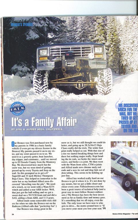 1991 Ford Bronco - This modified Ford Bronco, purchased in 1986, is shown tackling snowy terrain with its oversized tires and winch.