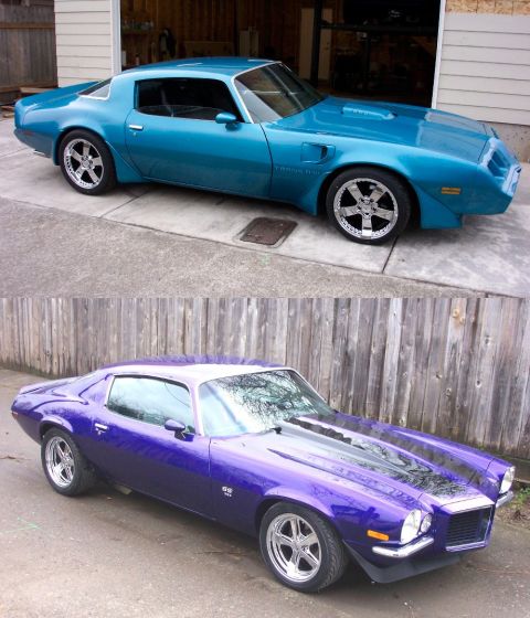 1979 Pontiac Trans Am - Two classic muscle cars, a blue Trans Am and a purple Camaro, are parked outdoors.