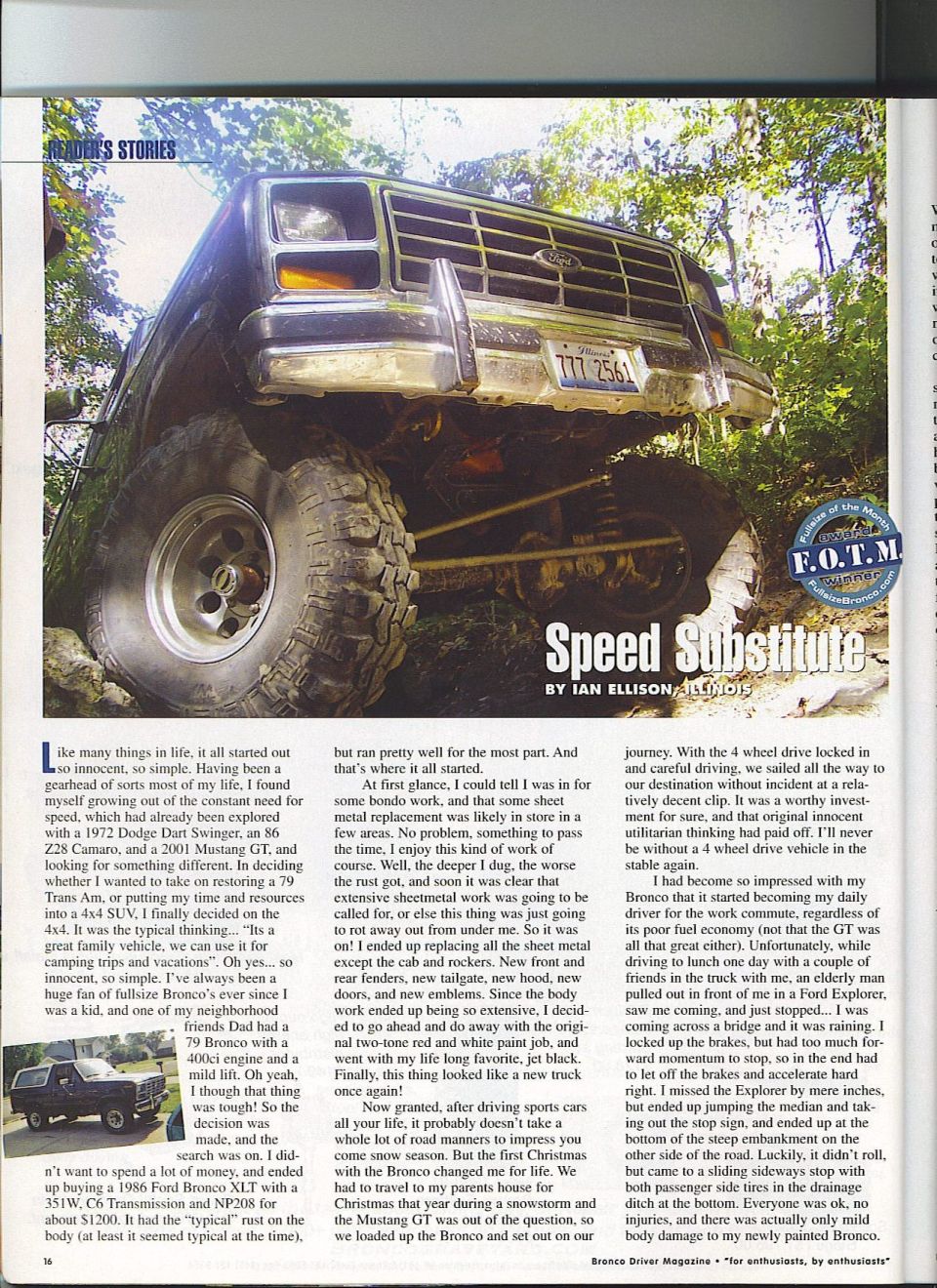 1991 Ford Bronco with large off-road tires, angled up a dirt embankment. License plate 777 256