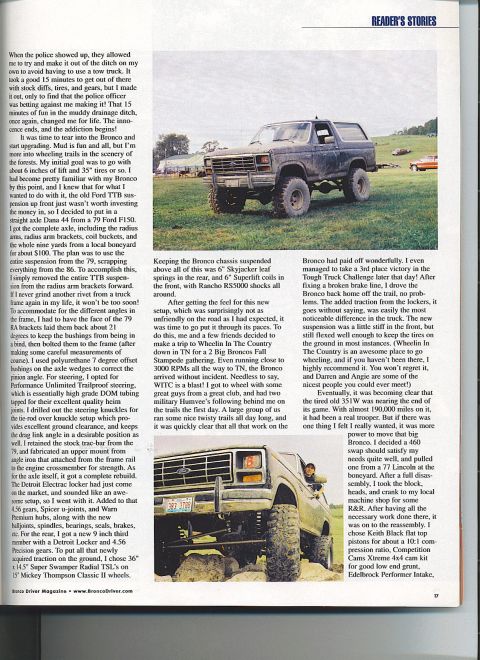 1991 Ford Bronco - This modified Ford Bronco is shown off-road, highlighting its suspension and tire upgrades.
