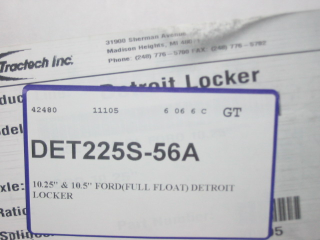 Label for a Detroit Locker part, DET225S-56A, for 10.25" & 10.5" Ford axles